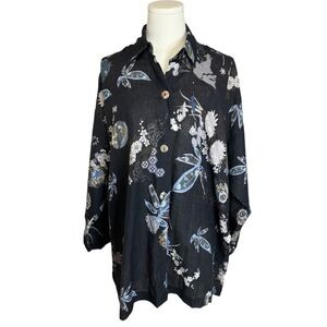 CITRON 100% Linen Shirt‎ Blouse Top Grey Floral Print size Large L Shell Buttons